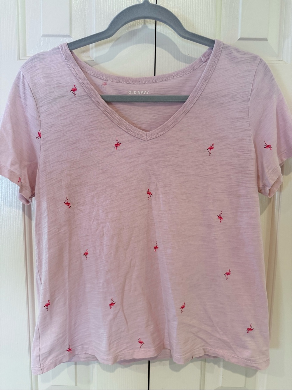 Old Navy Light Pink V-Neck Tee with Tiny Flamingo Embroidery